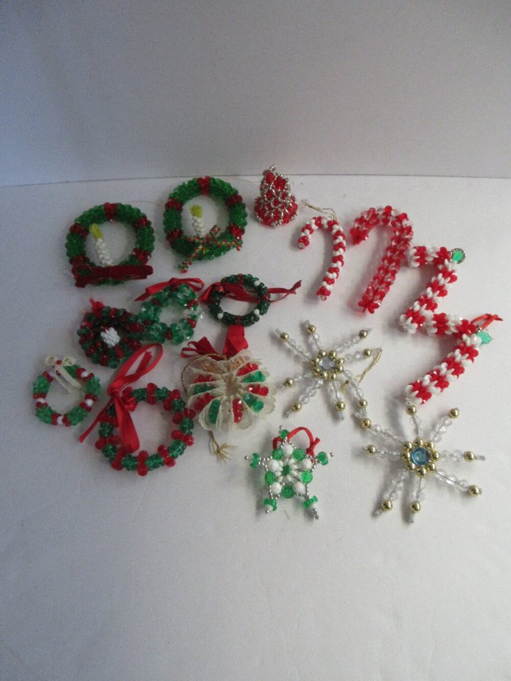 Hand Made Beaded Christmas Ormaments Candy Canes & Wreaths Lot of 16 Vintage